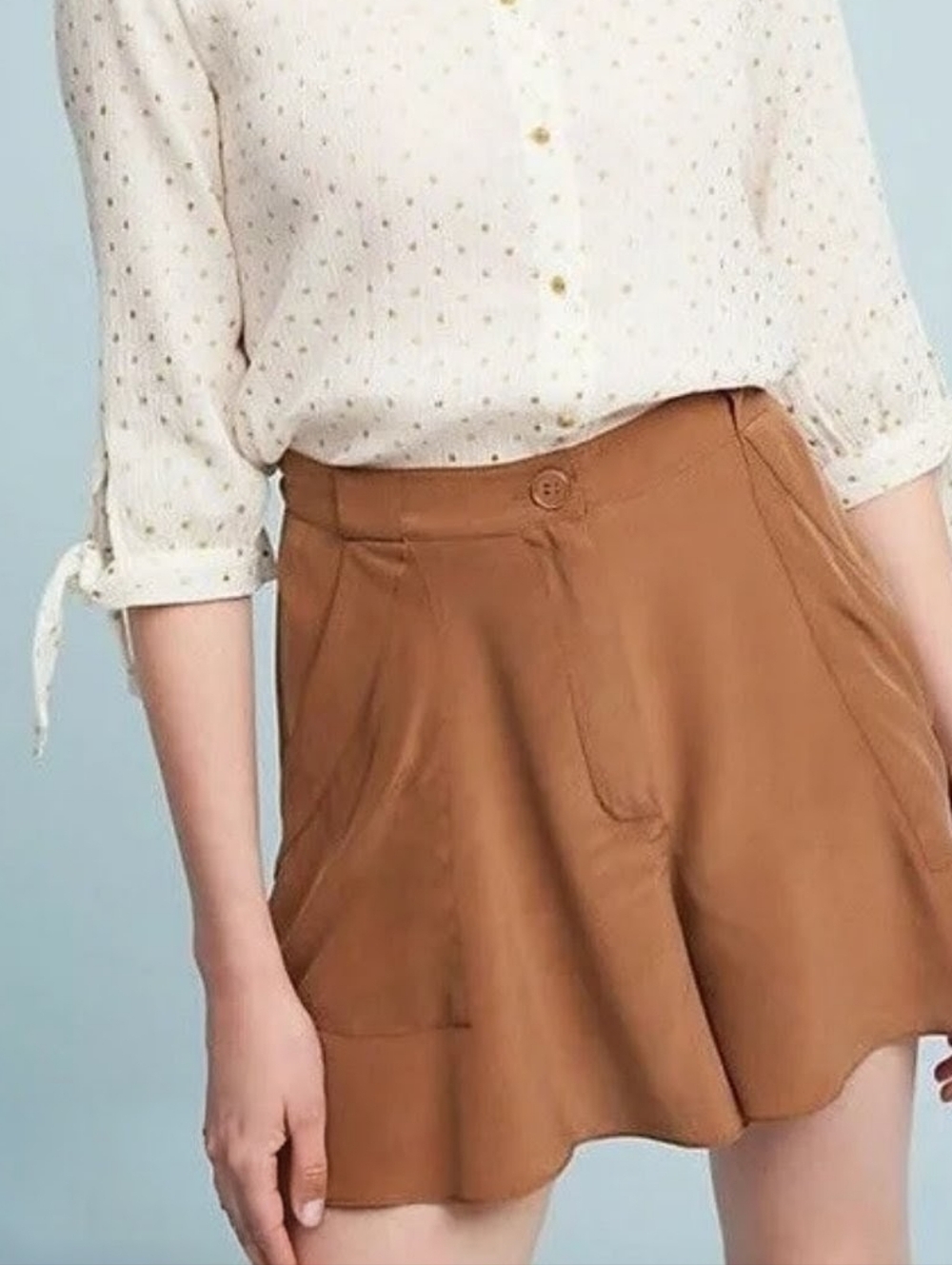 Anthropologie Elevenses Hanky Hem Silk Shorts Women's 12 Camel Preppy Effortless
